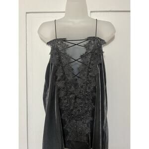 Do + Be Womens Crushed Velvet Crochet Lace Up Gray Tank Top Large Coquette Goth‎